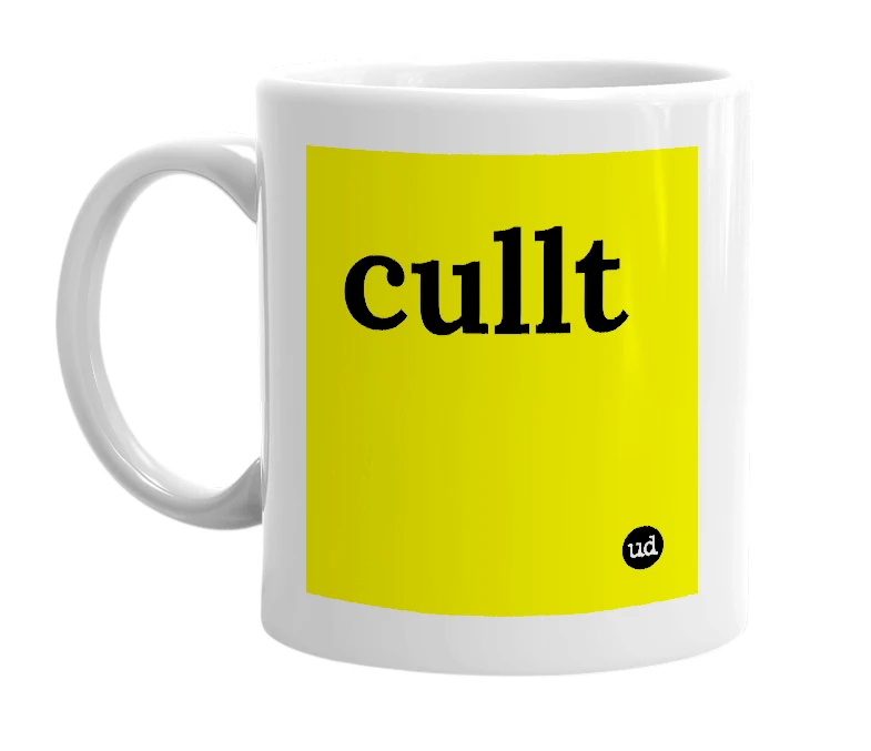 White mug with 'cullt' in bold black letters