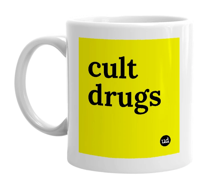 White mug with 'cult drugs' in bold black letters