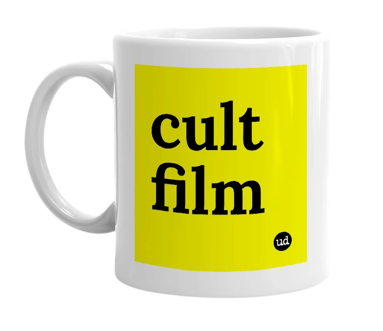 White mug with 'cult film' in bold black letters