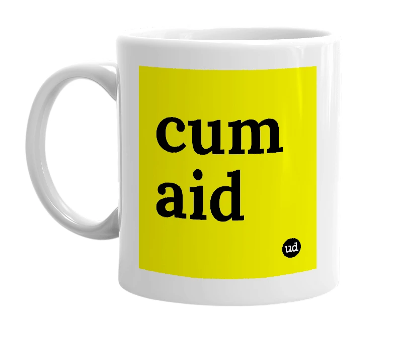 White mug with 'cum aid' in bold black letters