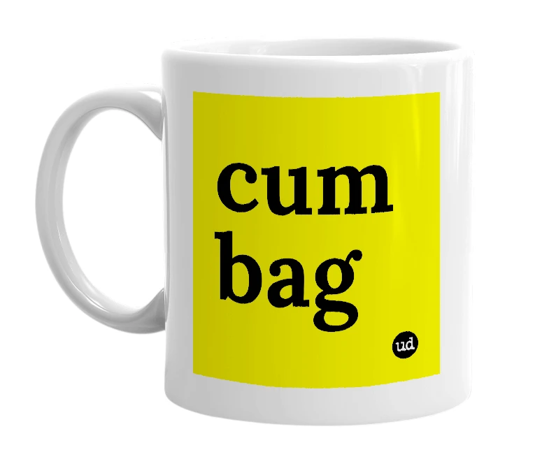 White mug with 'cum bag' in bold black letters
