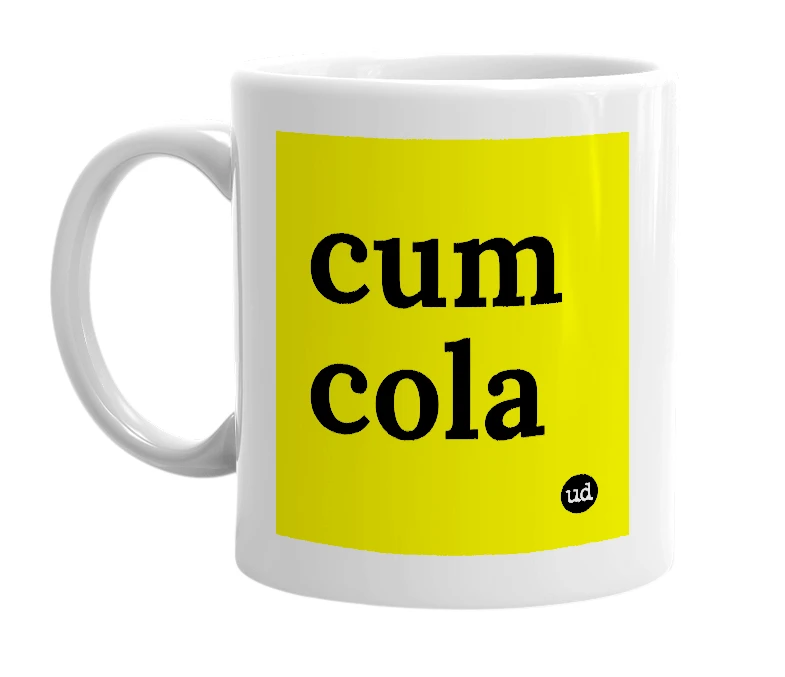 White mug with 'cum cola' in bold black letters