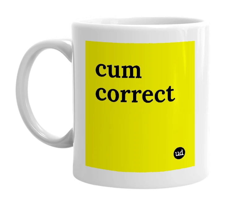 White mug with 'cum correct' in bold black letters