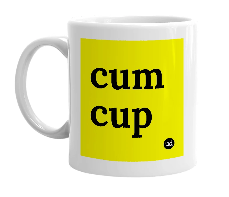 White mug with 'cum cup' in bold black letters