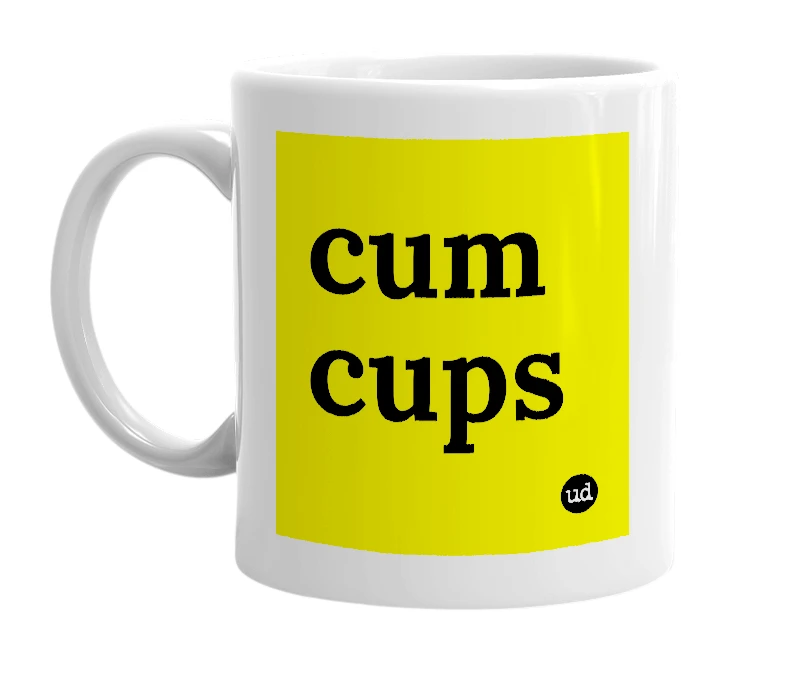 White mug with 'cum cups' in bold black letters