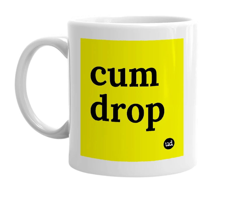 White mug with 'cum drop' in bold black letters