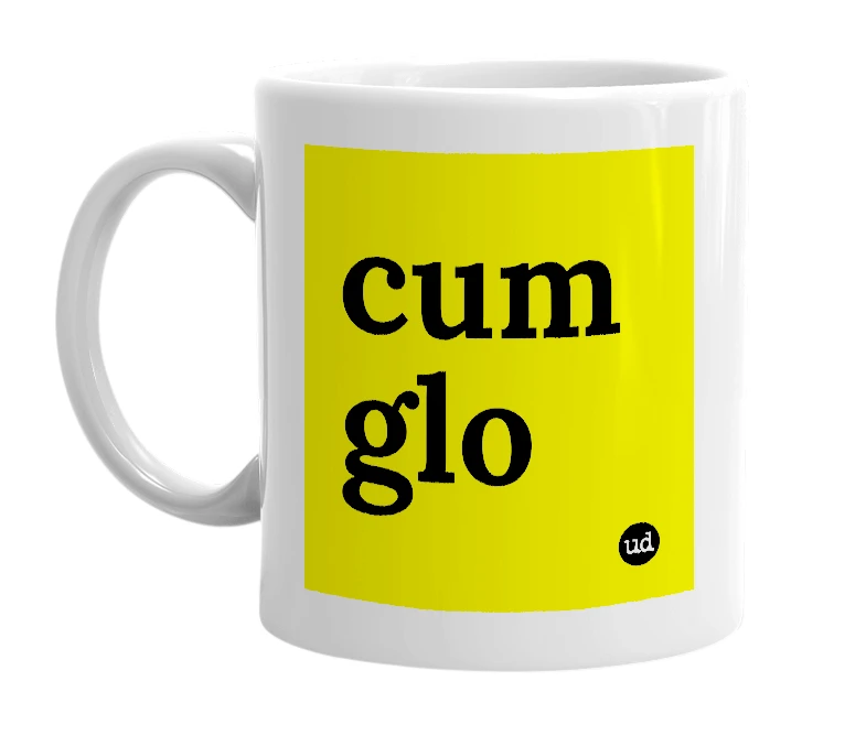 White mug with 'cum glo' in bold black letters