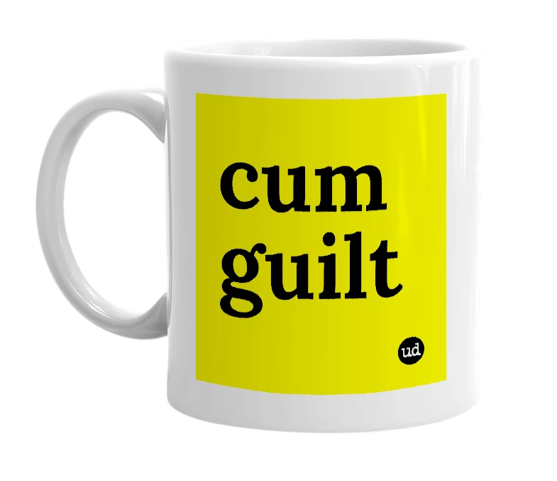 White mug with 'cum guilt' in bold black letters