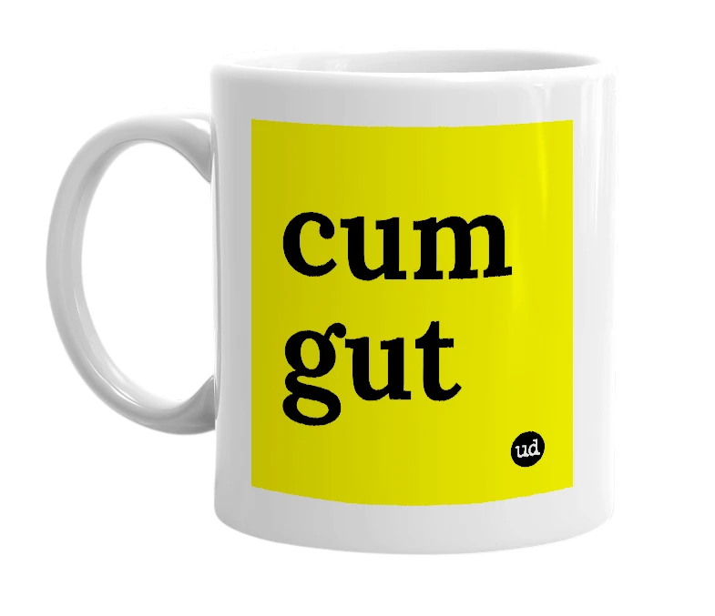 White mug with 'cum gut' in bold black letters