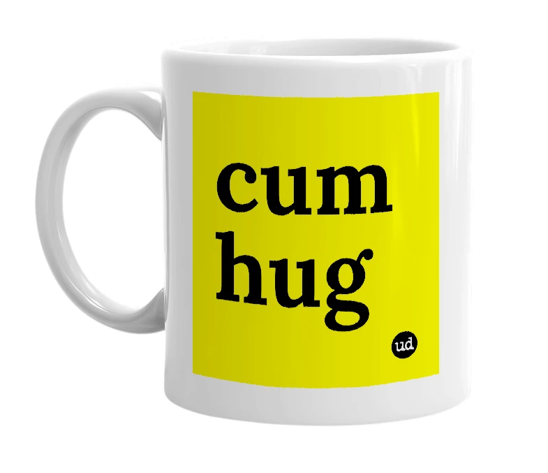 White mug with 'cum hug' in bold black letters