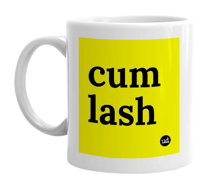 White mug with 'cum lash' in bold black letters