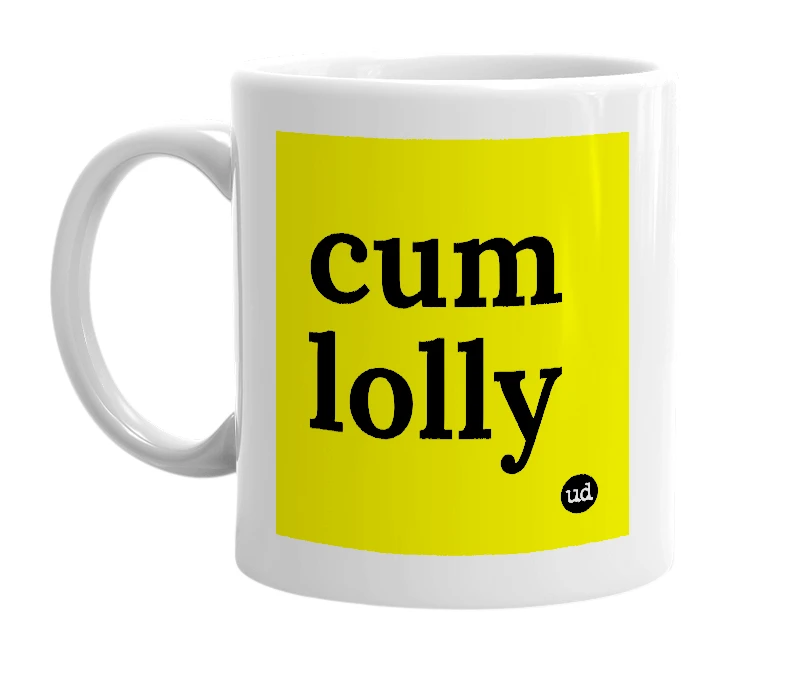 White mug with 'cum lolly' in bold black letters