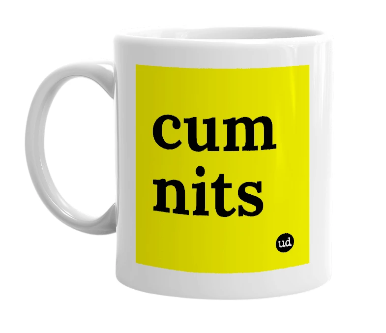 White mug with 'cum nits' in bold black letters