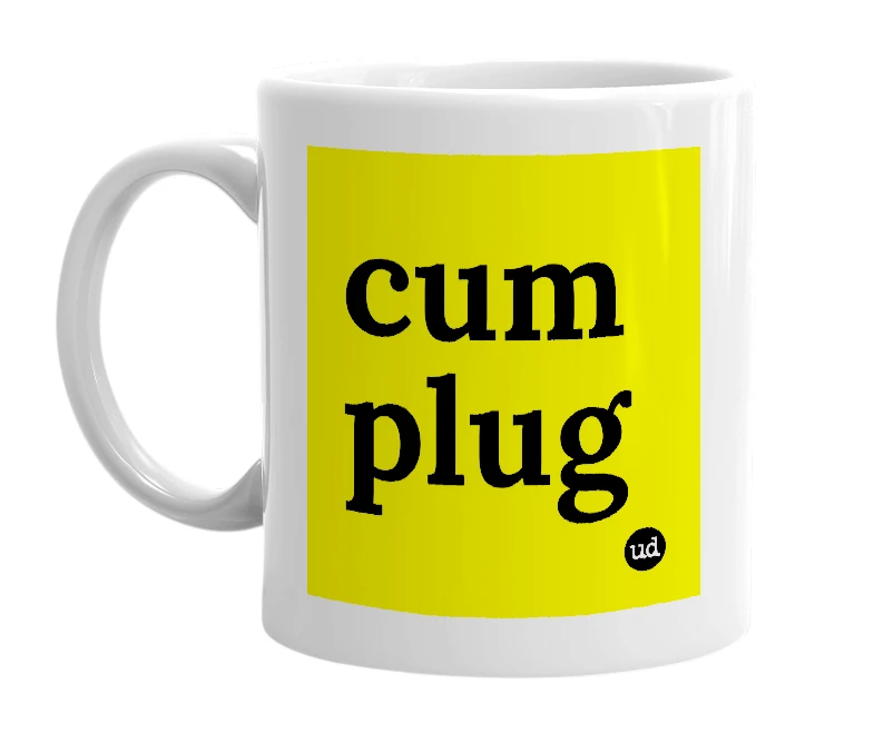 White mug with 'cum plug' in bold black letters