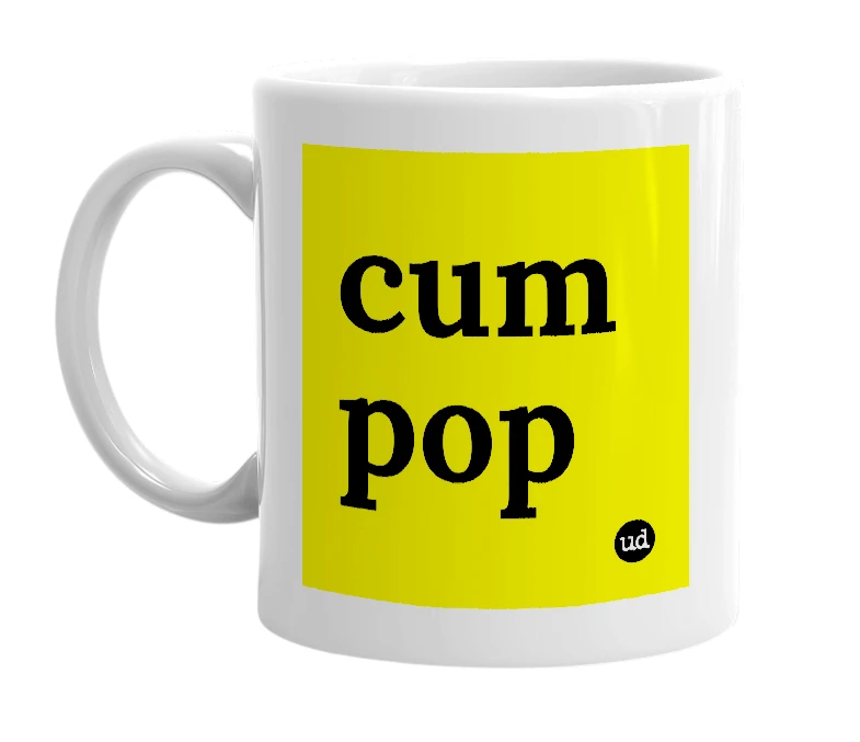 White mug with 'cum pop' in bold black letters