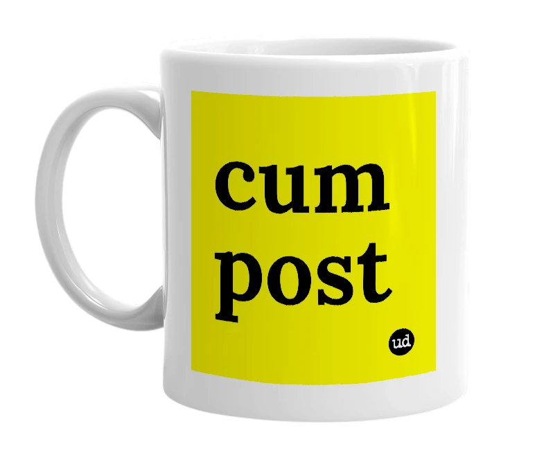 White mug with 'cum post' in bold black letters
