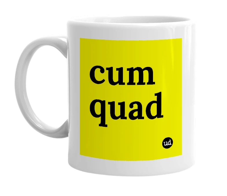 White mug with 'cum quad' in bold black letters