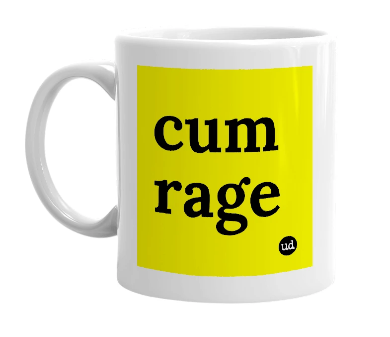 White mug with 'cum rage' in bold black letters