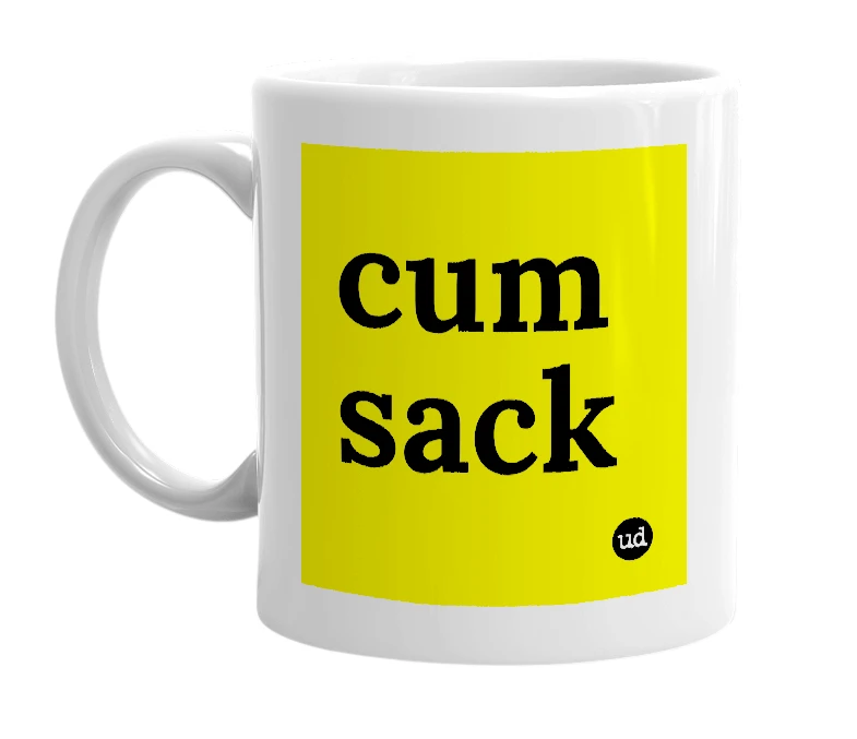 White mug with 'cum sack' in bold black letters