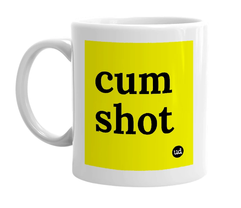 White mug with 'cum shot' in bold black letters