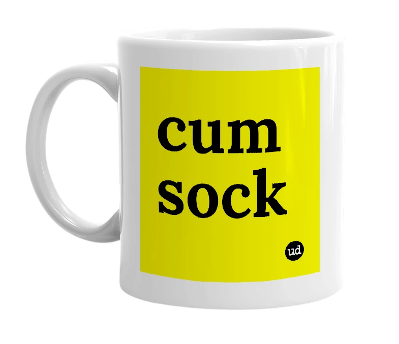 White mug with 'cum sock' in bold black letters