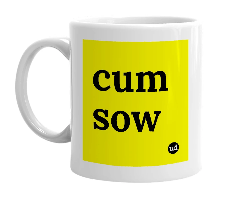 White mug with 'cum sow' in bold black letters