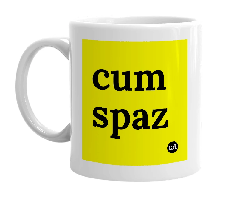 White mug with 'cum spaz' in bold black letters