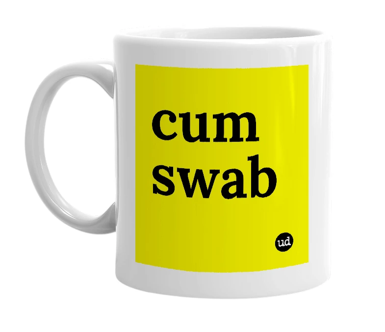 White mug with 'cum swab' in bold black letters