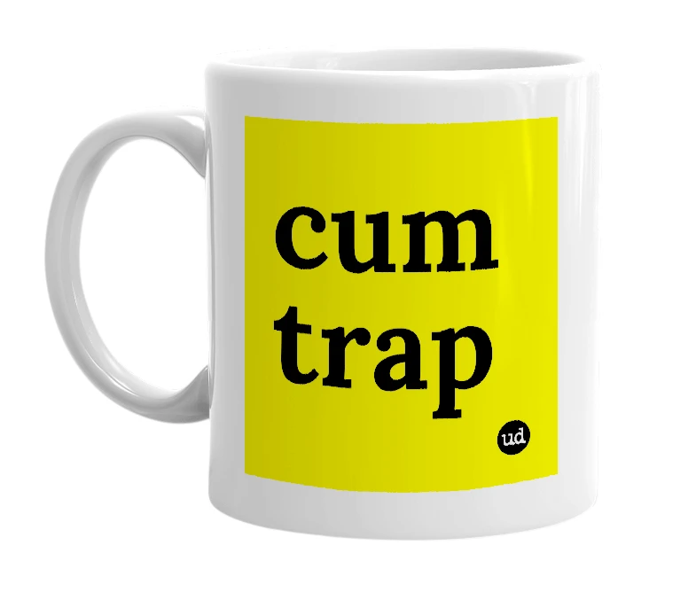 White mug with 'cum trap' in bold black letters