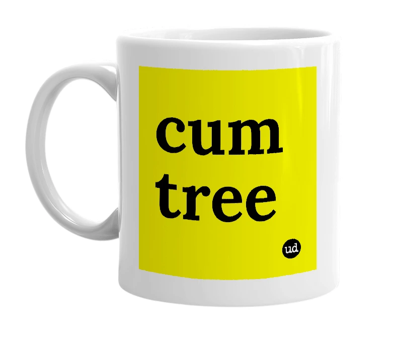 White mug with 'cum tree' in bold black letters