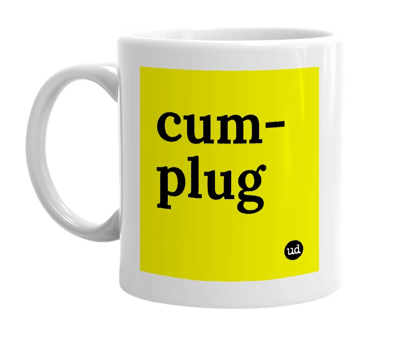 White mug with 'cum-plug' in bold black letters