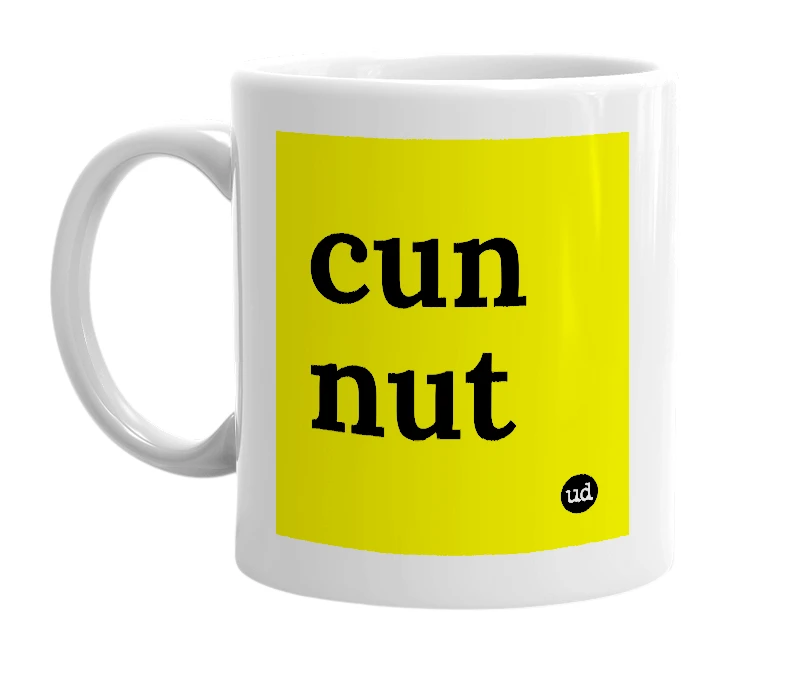 White mug with 'cun nut' in bold black letters