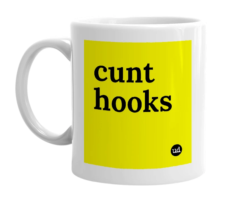 White mug with 'cunt hooks' in bold black letters