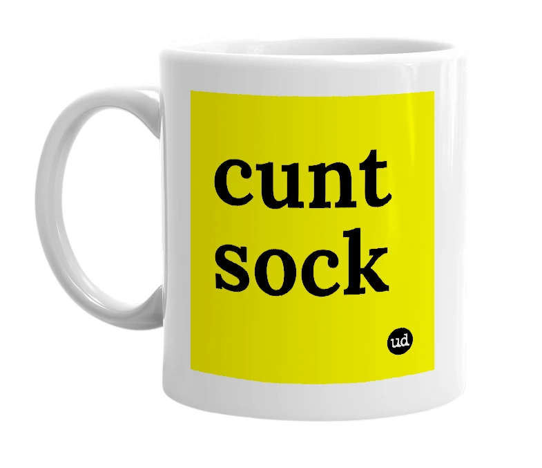White mug with 'cunt sock' in bold black letters