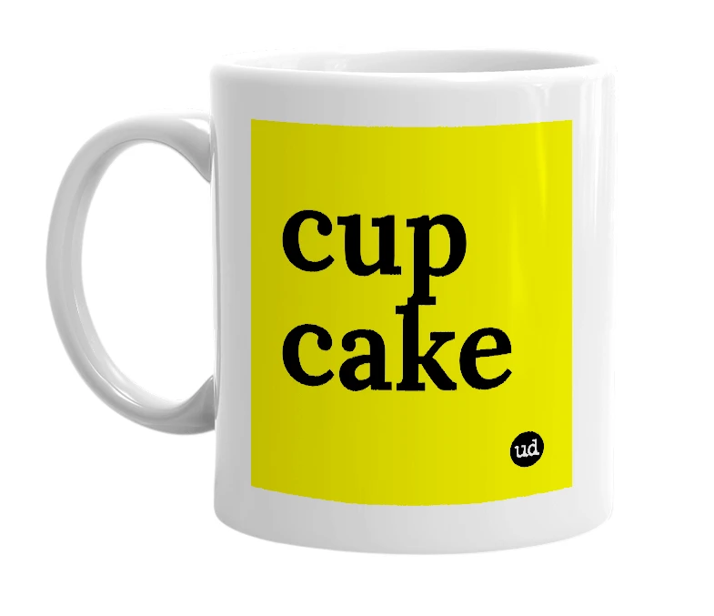 White mug with 'cup cake' in bold black letters