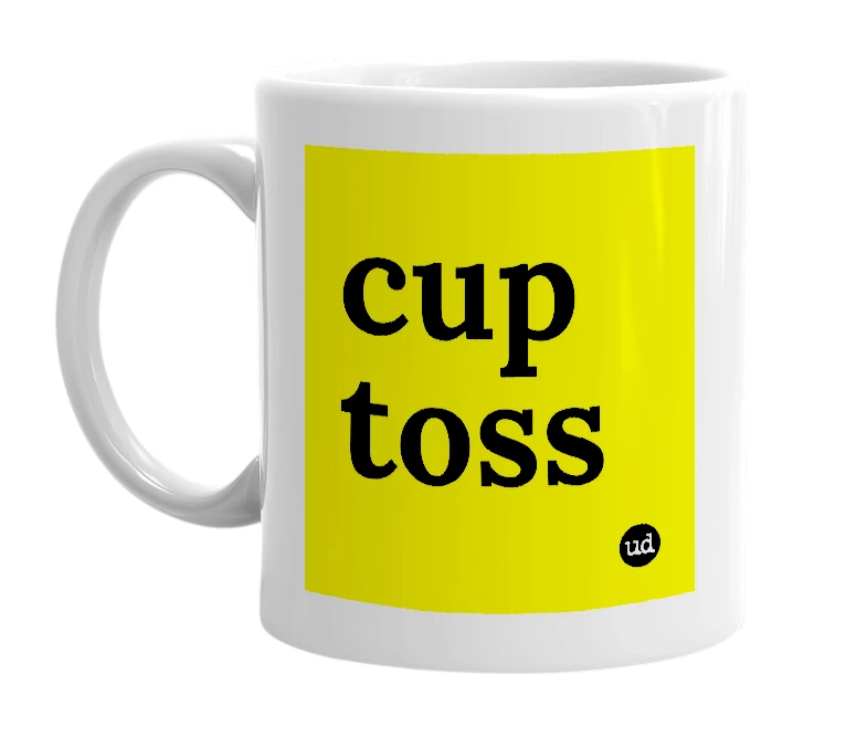 White mug with 'cup toss' in bold black letters