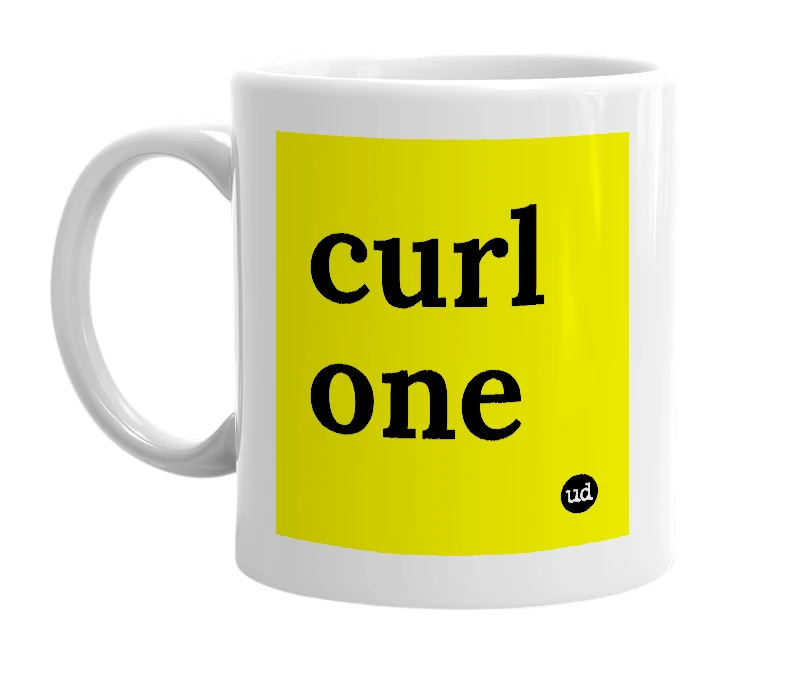 White mug with 'curl one' in bold black letters