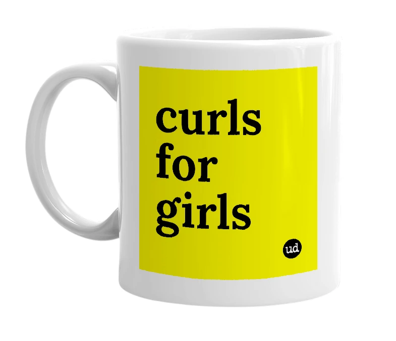 White mug with 'curls for girls' in bold black letters