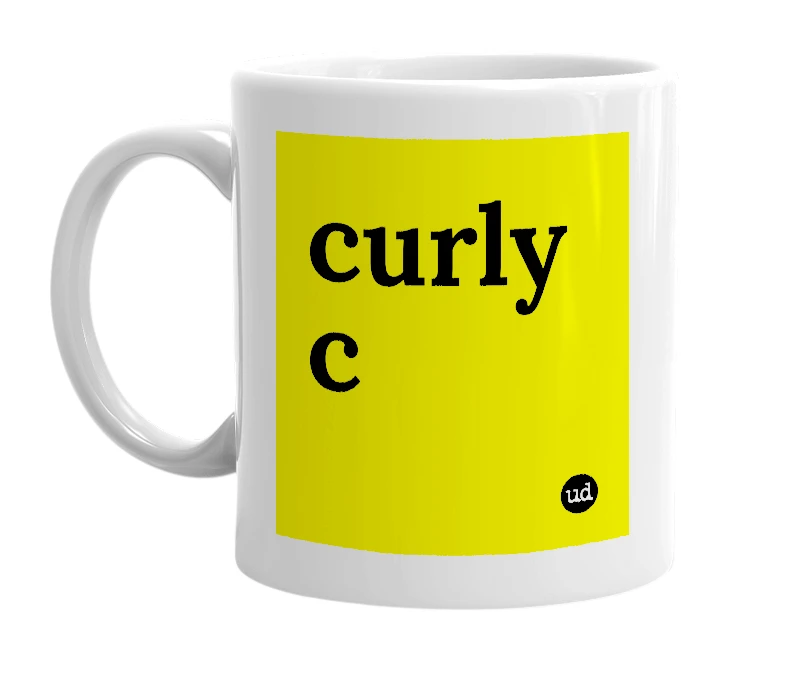 White mug with 'curly c' in bold black letters