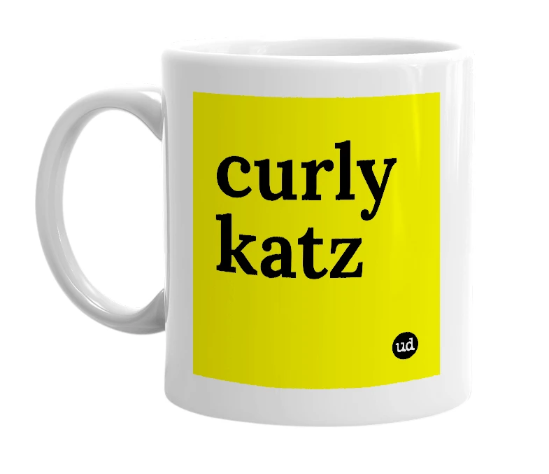 White mug with 'curly katz' in bold black letters