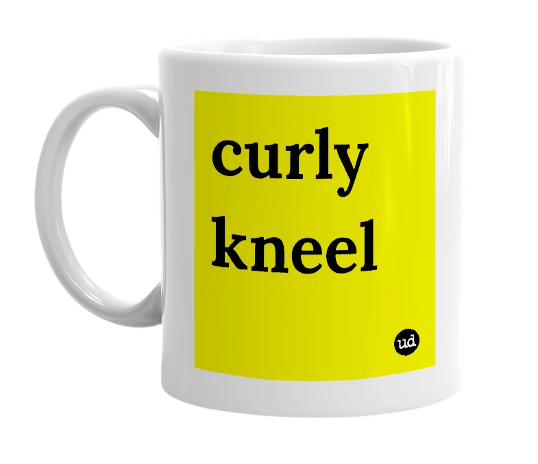 White mug with 'curly kneel' in bold black letters