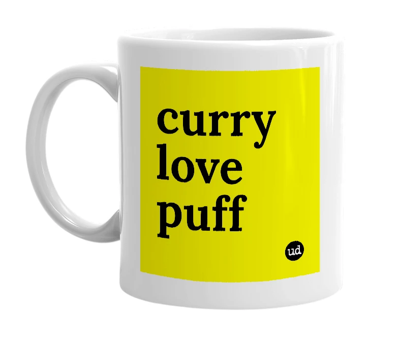 White mug with 'curry love puff' in bold black letters