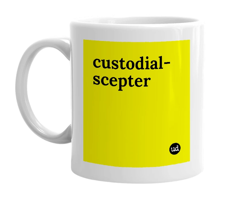 White mug with 'custodial-scepter' in bold black letters