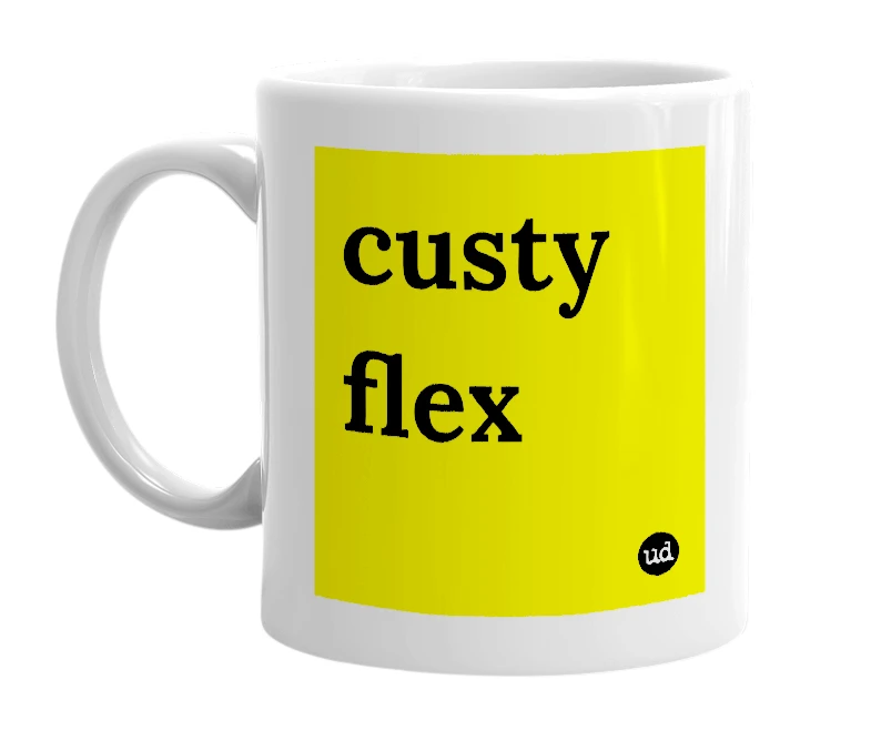White mug with 'custy flex' in bold black letters