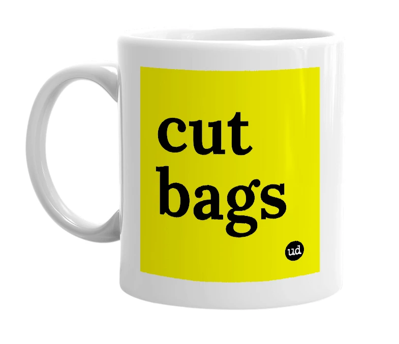 White mug with 'cut bags' in bold black letters