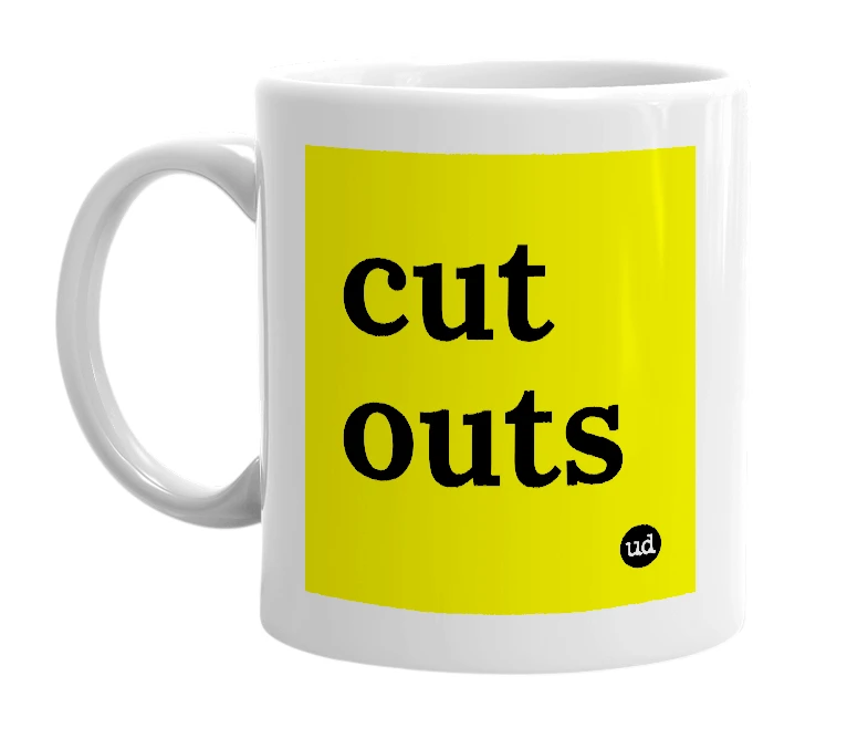 White mug with 'cut outs' in bold black letters