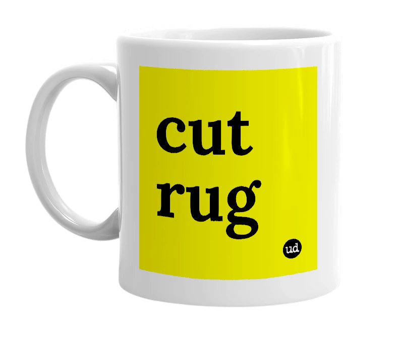 White mug with 'cut rug' in bold black letters