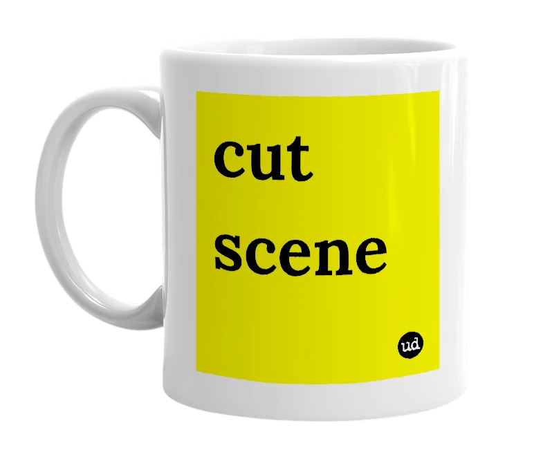 White mug with 'cut scene' in bold black letters