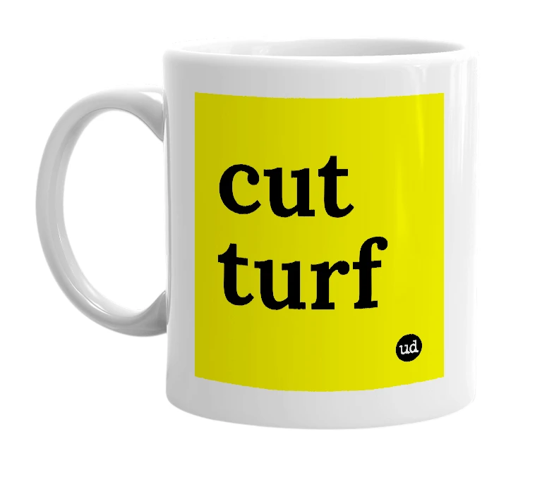 White mug with 'cut turf' in bold black letters