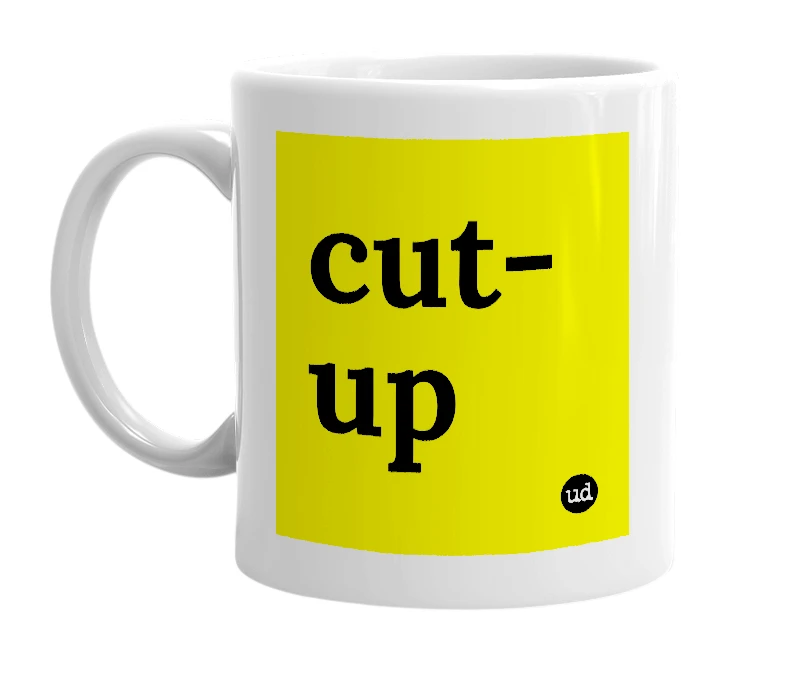 White mug with 'cut-up' in bold black letters